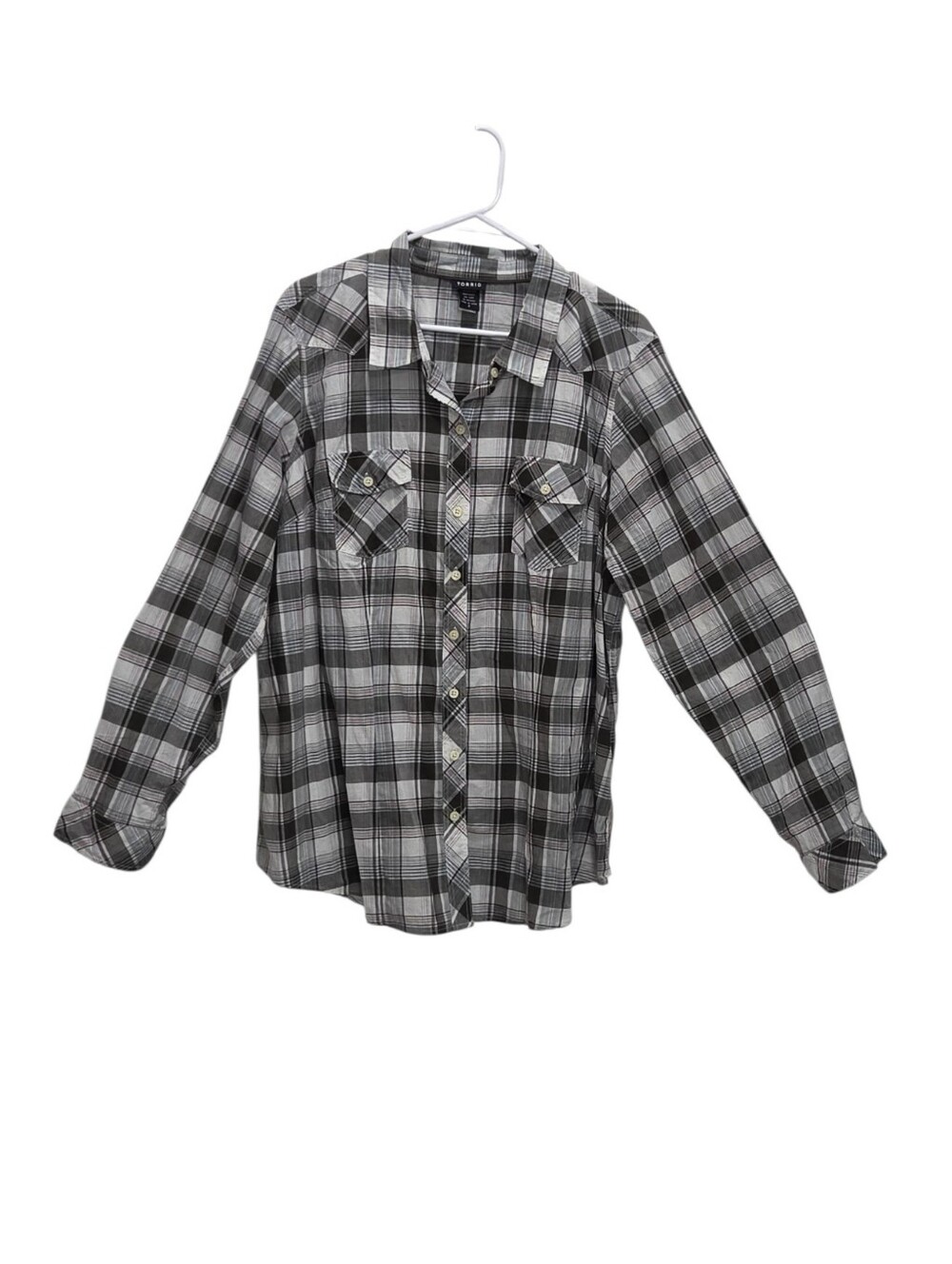 Torrid 2X Gray Black Plaid Cotton Button Down Shirt Roll Tab Western Plus Size